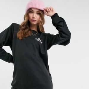 Brand New ASOS DESIGN padded shoulder mini sweat dress in black with baby cheers